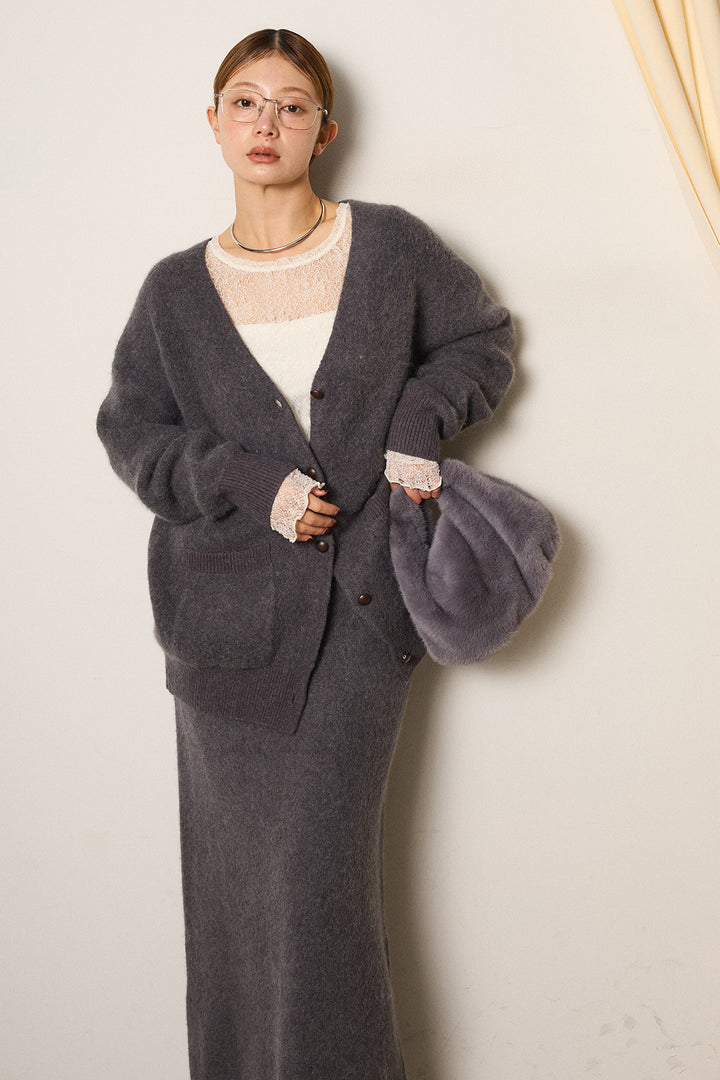 [SET]丸ボタン起毛ニットカーディガン+起毛ニットロングスカート+ストレッチレースクルーネックプルオーバー(3set)