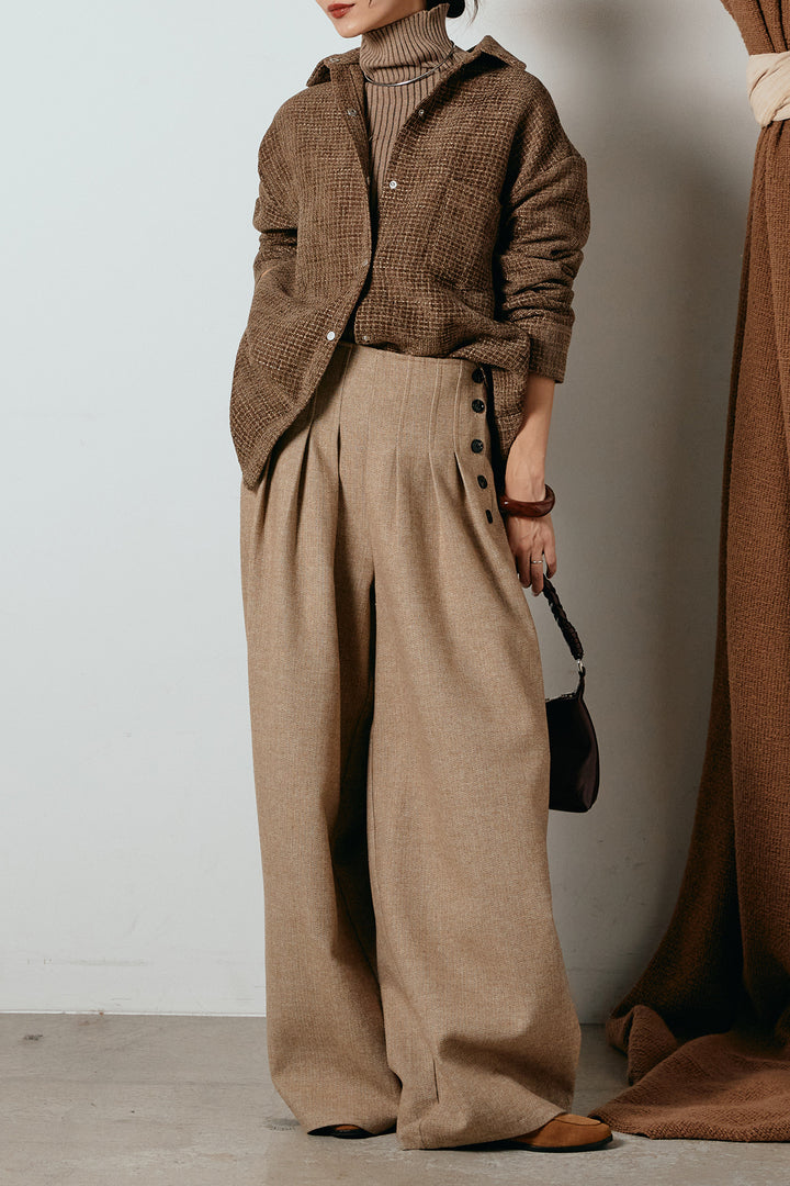 [SET]ルーズクラッシュツイルシャツ+サイドボタンツイードタックパンツ(2set)