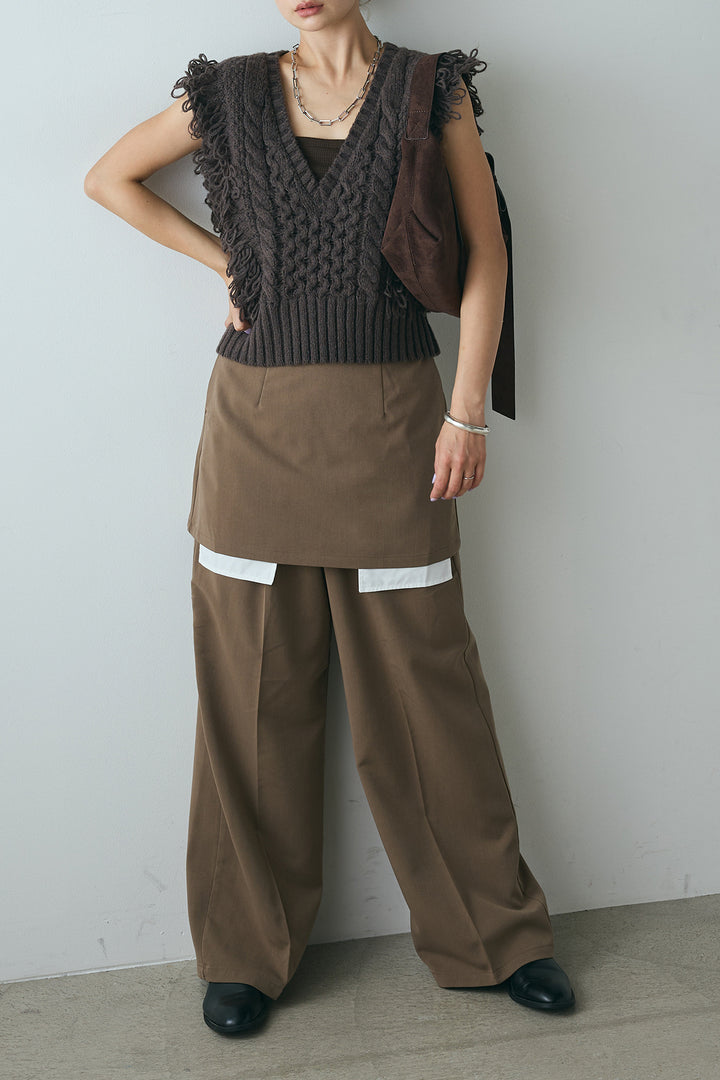 [SET]Vネックループフリンジニットベスト+ストレートパンツ＆ミニスカートセット(2set)