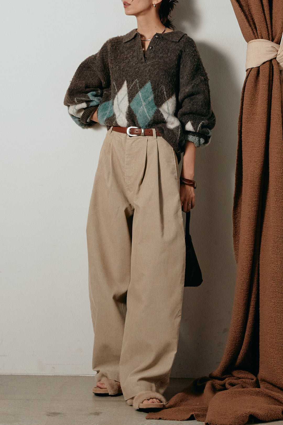 [SET]アーガイル柄ポロニットトップス+フロントタック入りコーデュロイパンツ(2set)