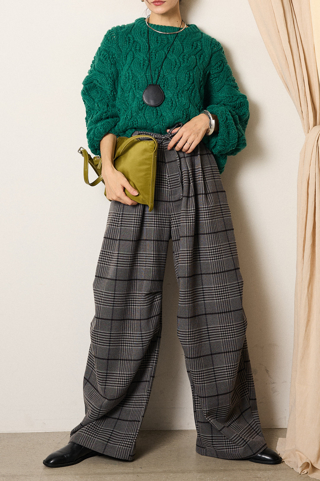 [SET]ケーブルリラックスショートニット+グレンチェックルーズタックパンツ(2set)