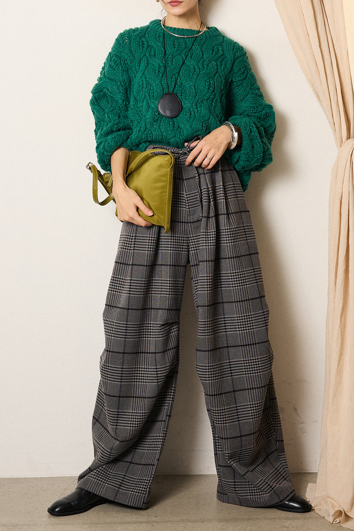 [SET]ケーブルリラックスショートニット+グレンチェックルーズタックパンツ(2set)