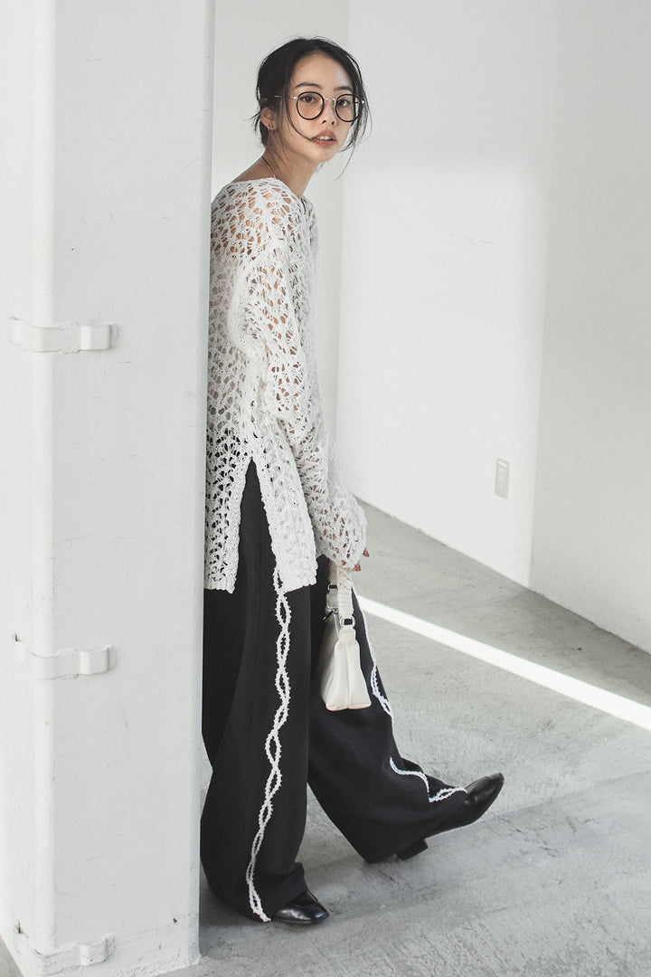 [SET]リラックスメッシュニットトップス+刺繡テープラインパンツ(2set)