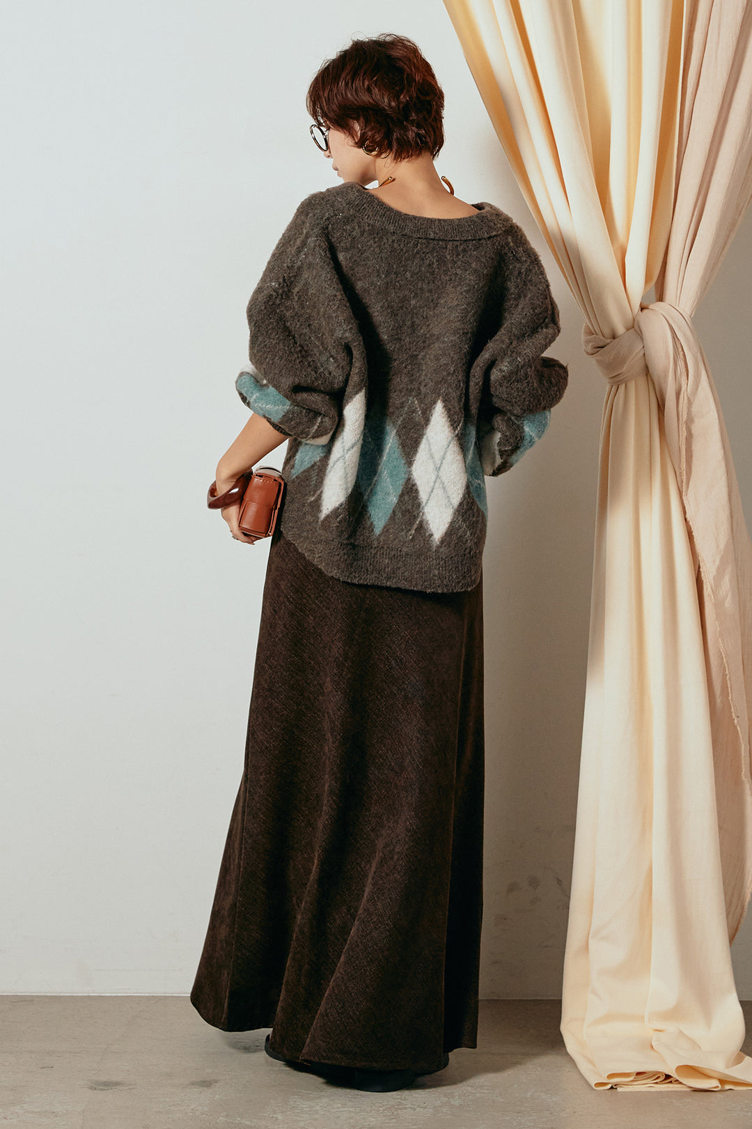 [SET]アーガイル柄ポロニットトップス+スウェードライクロングスカート(2set)