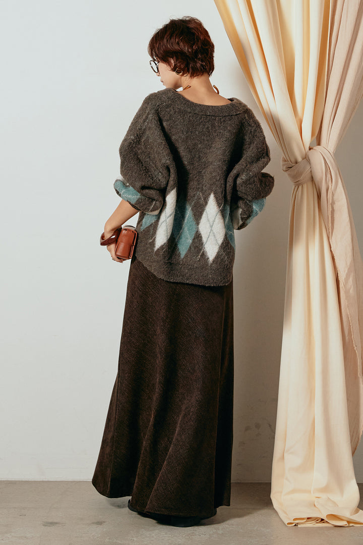[SET]アーガイル柄ポロニットトップス+スウェードライクロングスカート(2set)