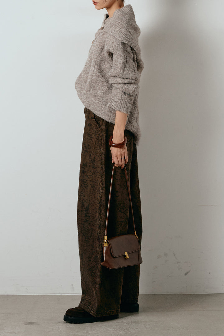 [SET]ケープデザインケーブルニットトップス+ベルト付きニュアンス柄カーブワイドパンツ(2set)