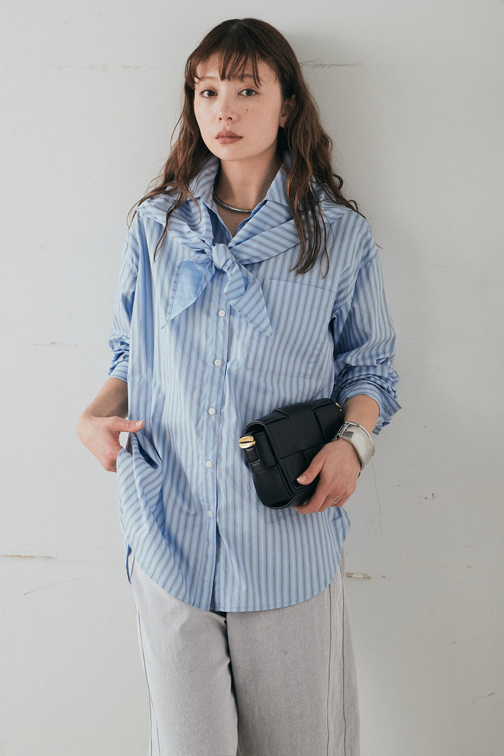 [SET]ランダムストライプスカーフ付きシャツ+デニムハーフパンツ(2set)