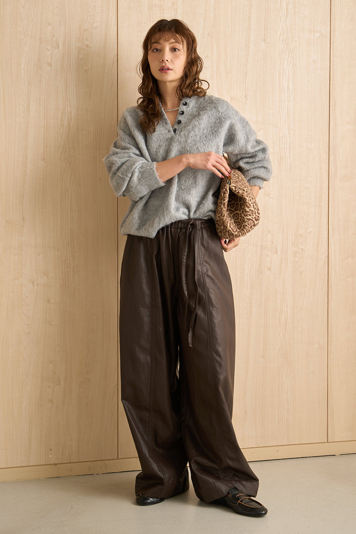 [SET]シャギーヘンリーオーバーニット+フェイクレザーカーブワイドパンツ(2set)