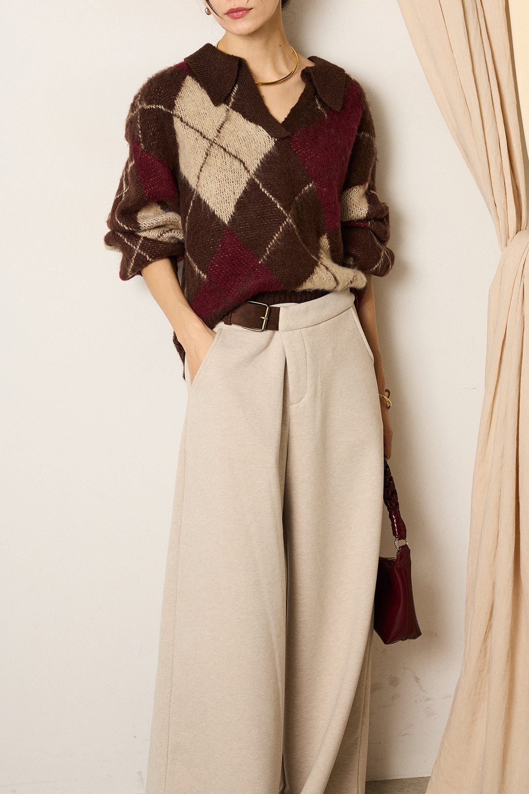 [SET]アクリルモヘアアーガイルキーネックプルオーバー+サイドベルトパンツ(2set)