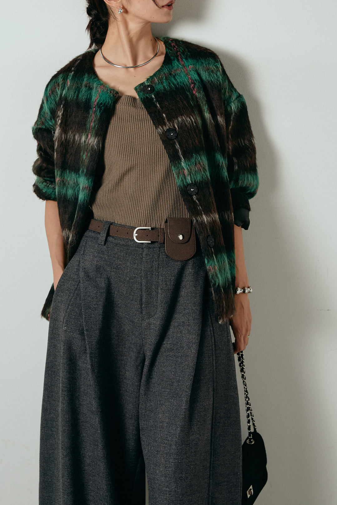 [SET]ノーカラーシャギーチェックアウター+ポーチベルト付きカーブパンツ(2set)