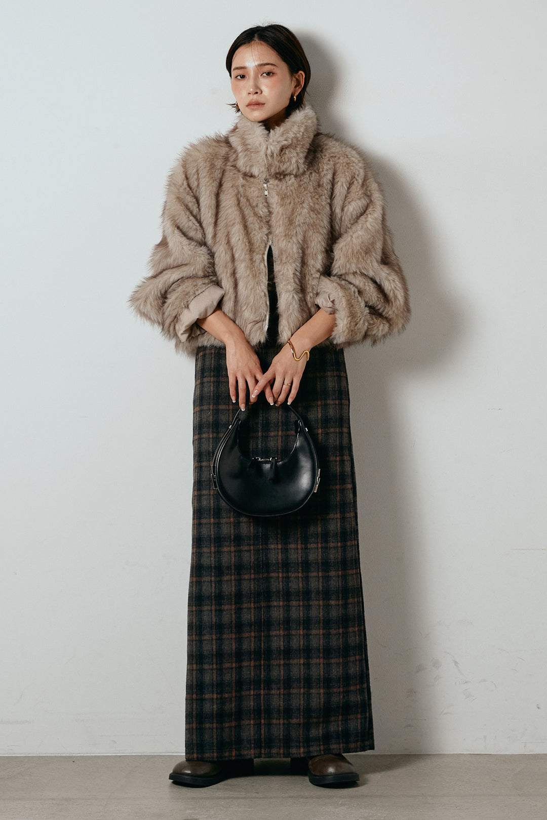 [SET]エコファーショート丈ブルゾン+シャギーチェックストレートスカート(2set)