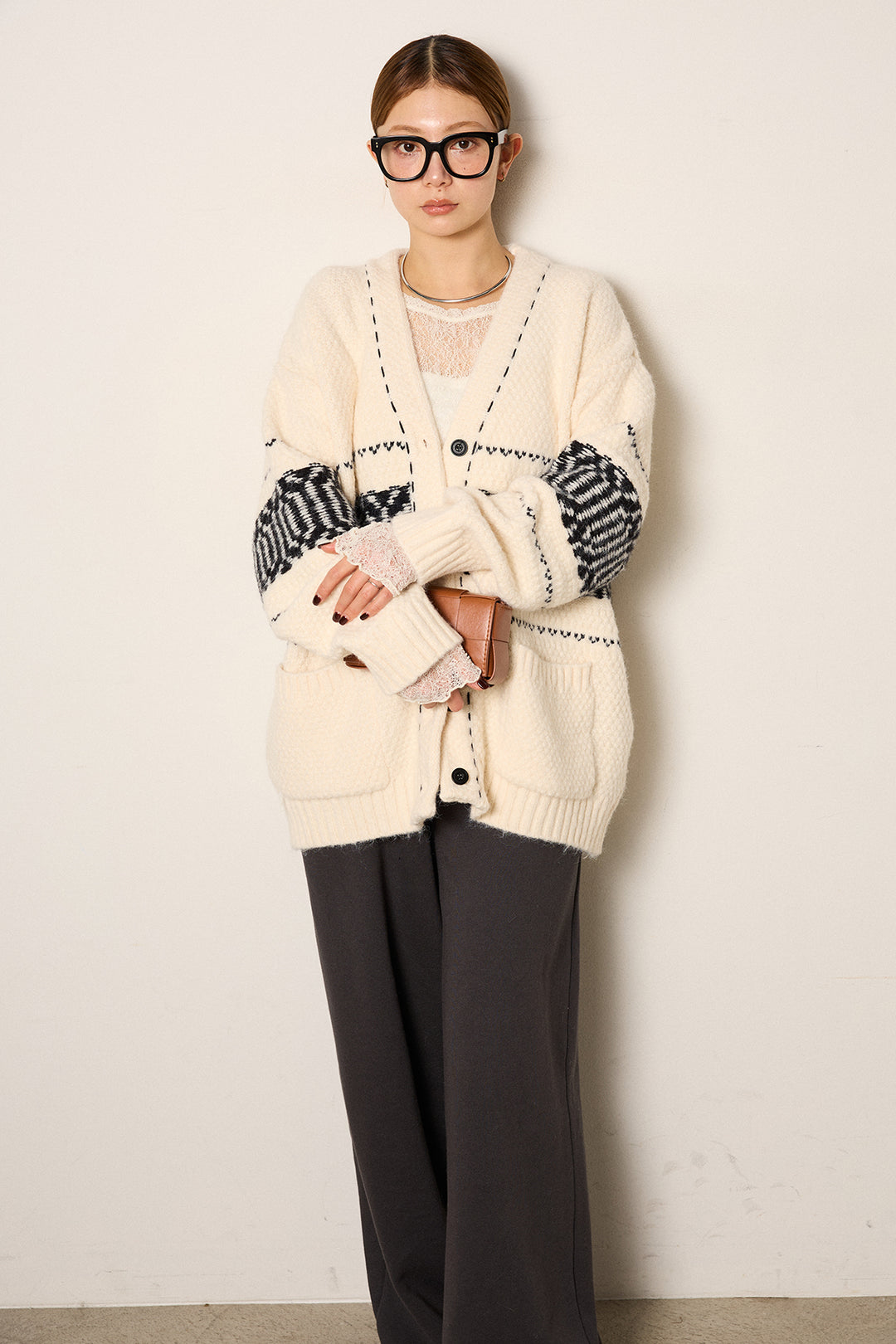 [SET]ライン柄ステッチニットカーディガン+裏起毛スウェットワイドパンツ(2set)