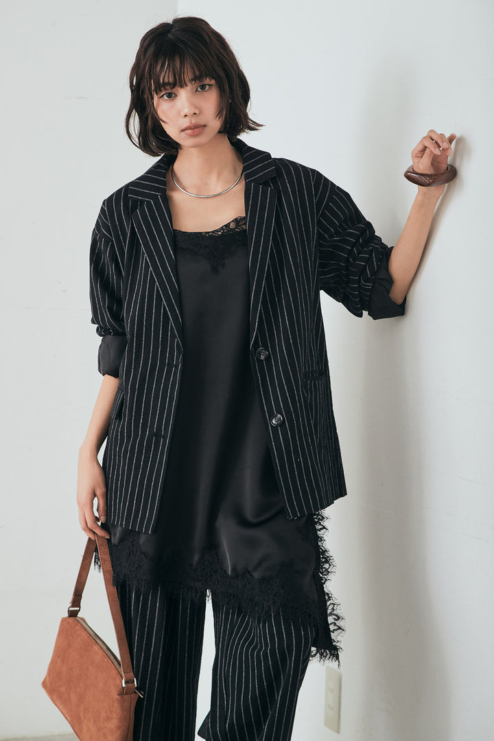 [SET]リネンライクストライプテーラードジャケット+リネンライクストライプタックイージーパンツ+サテンレースアシメキャミ(3set)
