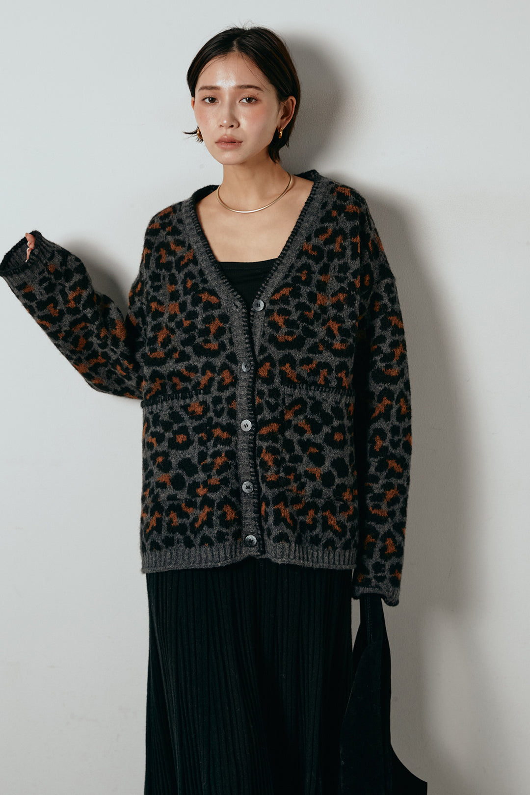 [SET]ステッチデザインレオパードニットカーディガン+リブニットフレアスカート(2set)