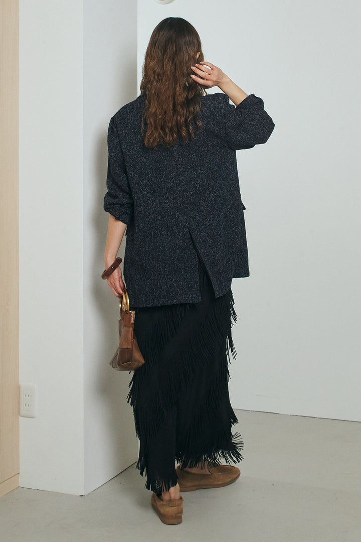 [SET]ミックスツイードベルト付きジャケット+斜めフリンジデザインスカート(2set)