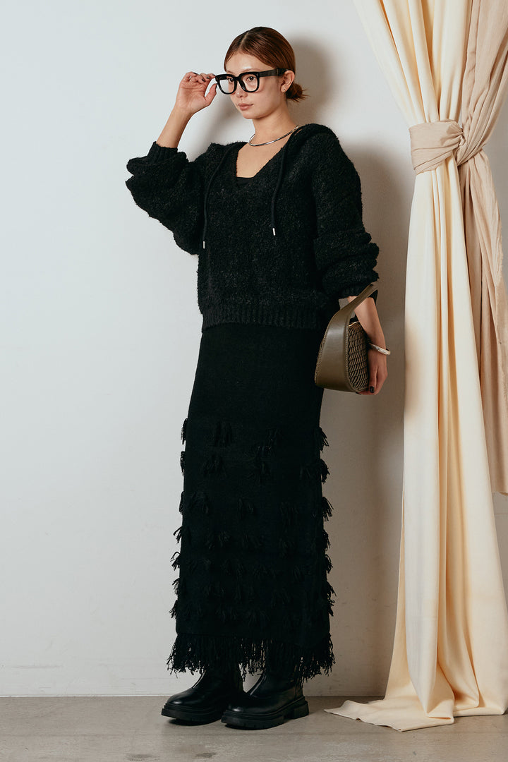 [SET]ブークレキーネックプルオーバー+ポイントフリンジニットナロースカート(2set)