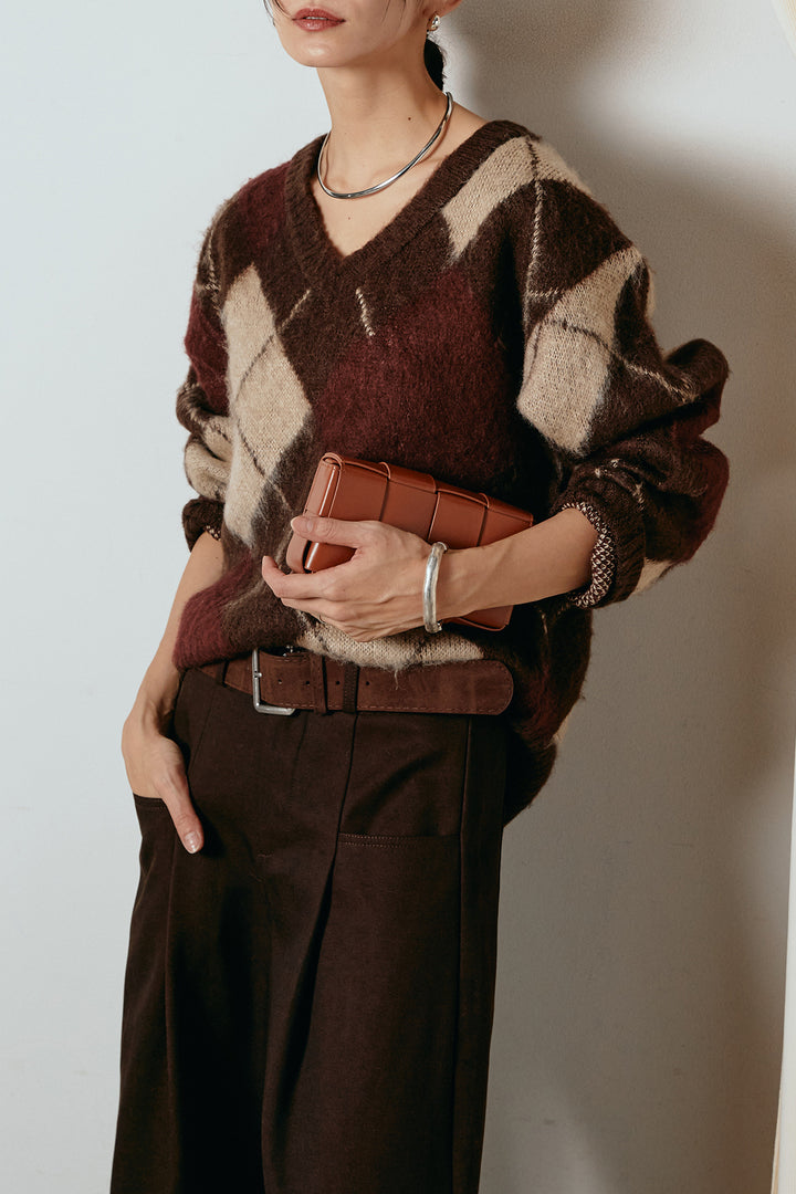 [SET]アクリルモヘアアーガイルVネックプルオーバー+太ベルト付きタックデザインワイドパンツ(2set)