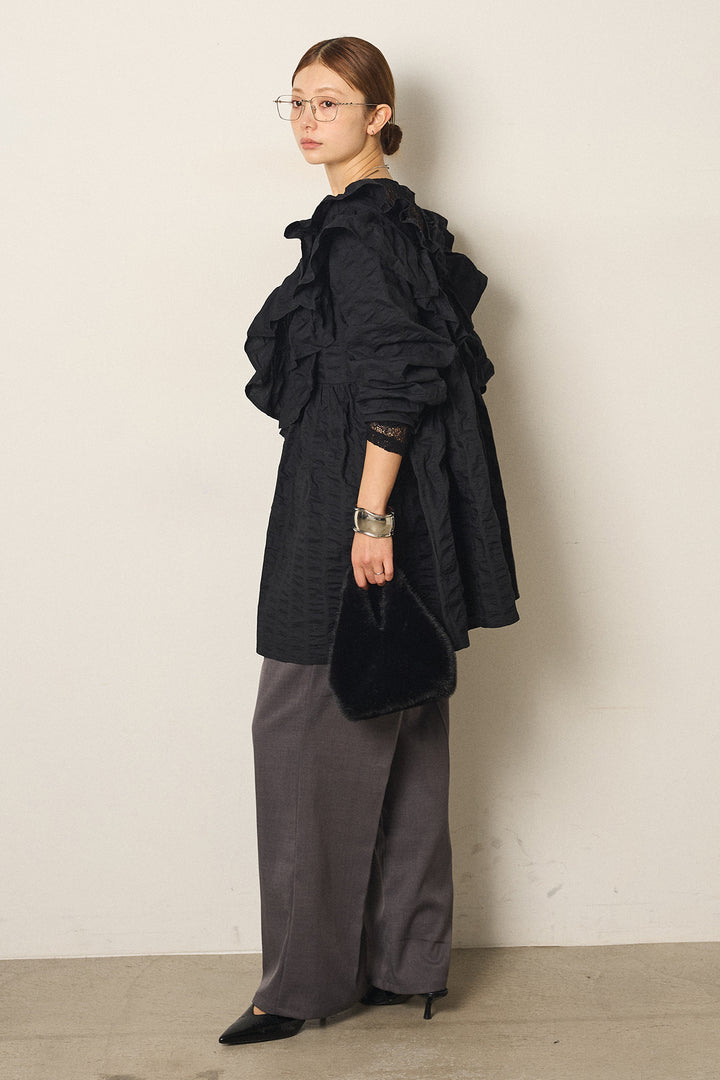 [SET]Vネックフリルカラーブラウス+ツイルスプリングカラータックパンツ(2set)