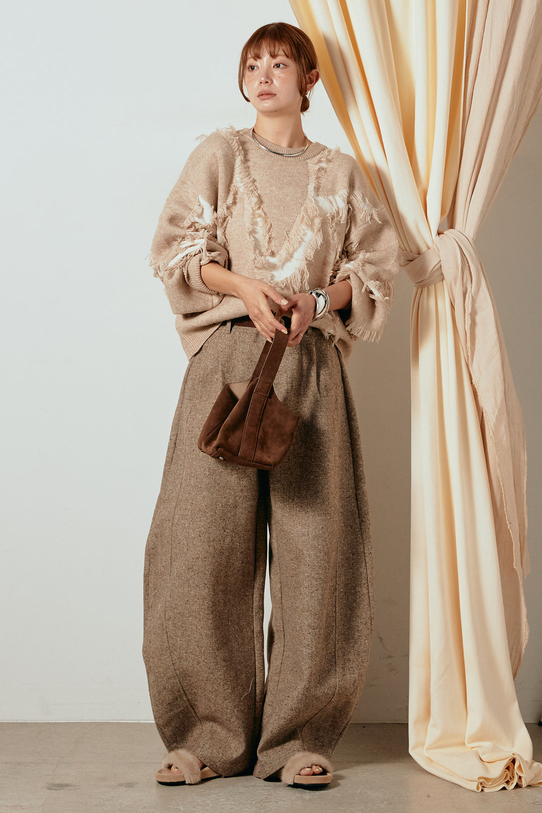 [SET]シャギージャガードニットトップス+ベルト付きネップツイードカーブパンツ(2set)
