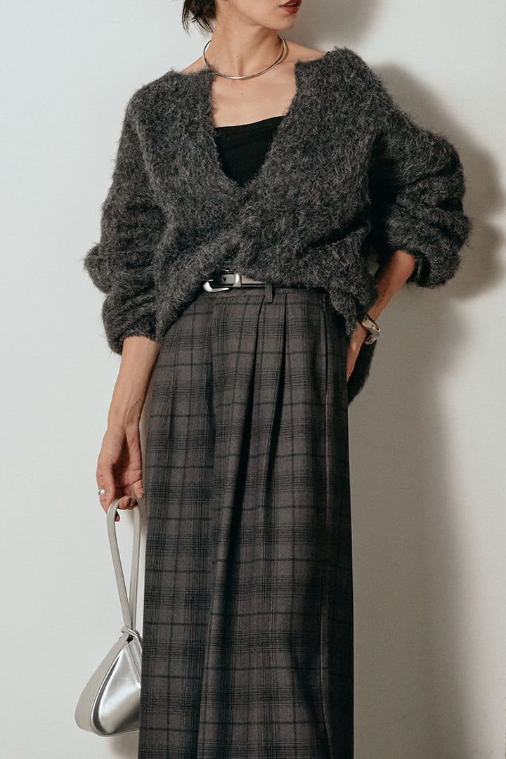 [SET]ミックスシャギー深Vニット+タック入りタータンチェックワイドパンツ(2set)