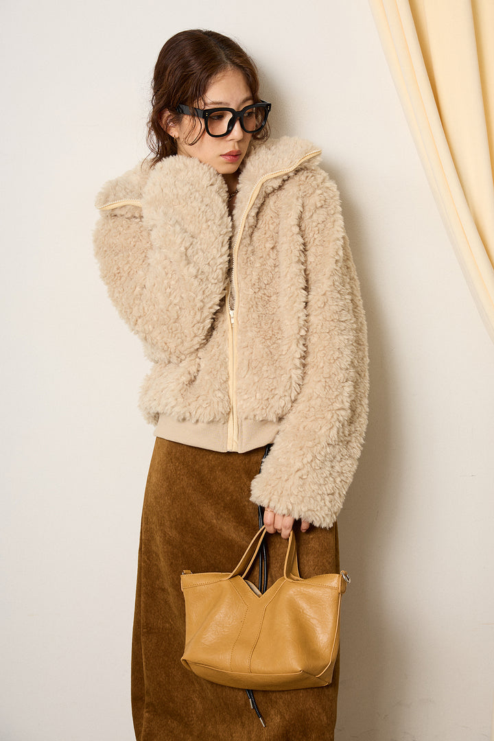 [SET]スタンドカラー裾リブボアブルゾン+ロープベルト付きスウェード調スカート(2set)