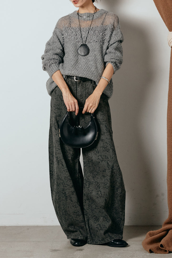 [SET]パターンランダム編みニットトップス+ベルト付きニュアンス柄カーブワイドパンツ(2set)