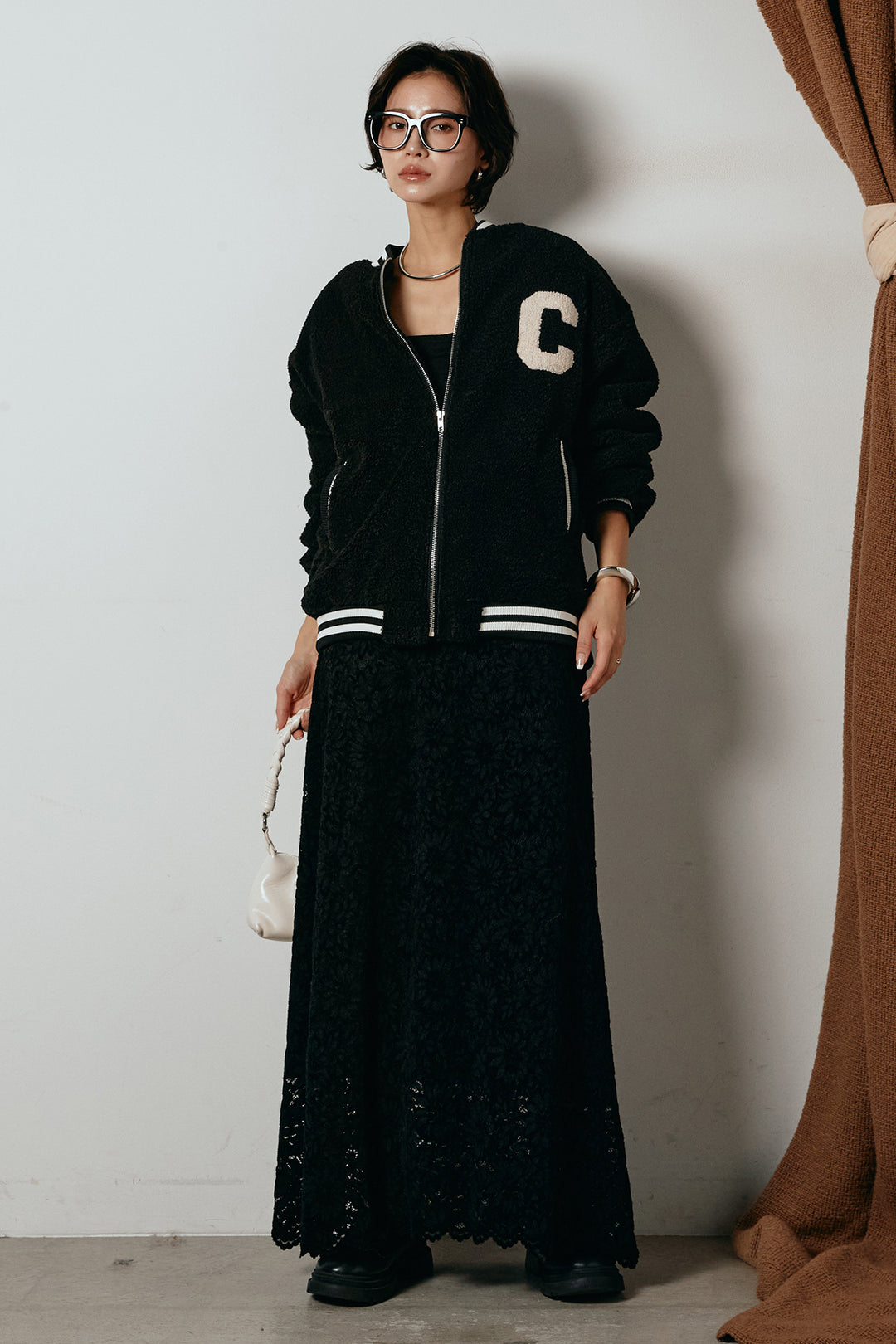 [SET]ロゴスタジャンボアブルゾン+花柄刺繍ベロアフレアスカート(2set)