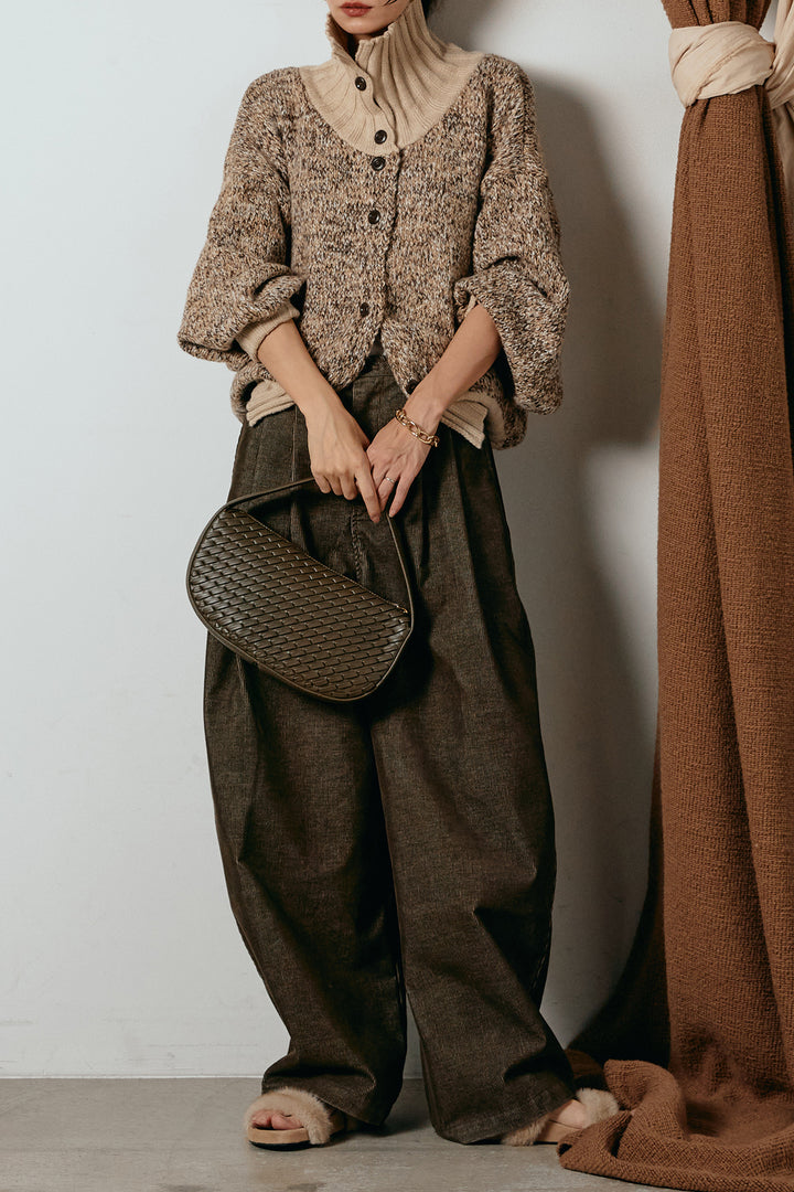 [SET]ハイネックミックスニットカーディガン+フロントタック入りコーデュロイパンツ(2set)