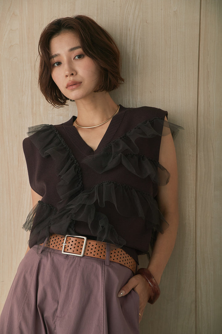 [SET]チュールラッフルニット+ホールベルト付きカーブワイドパンツ(2set)