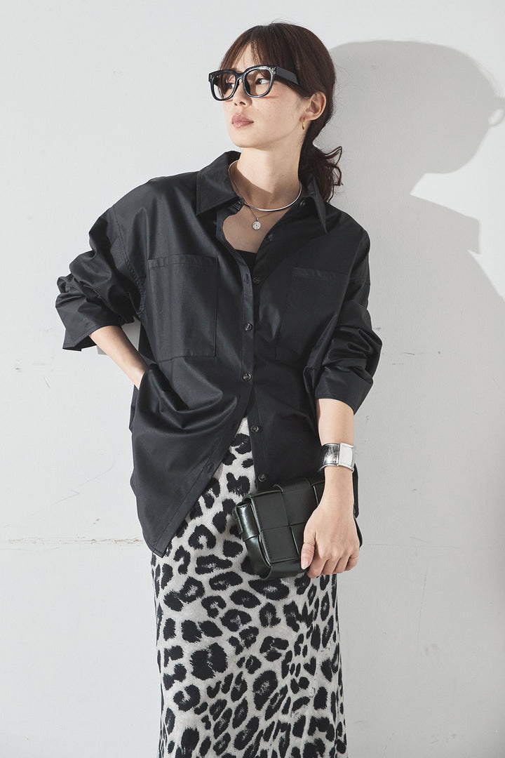 [SET]ウォッシャブルエコレザービックカフスシャツ+レオパードサテンナロースカート(2set)