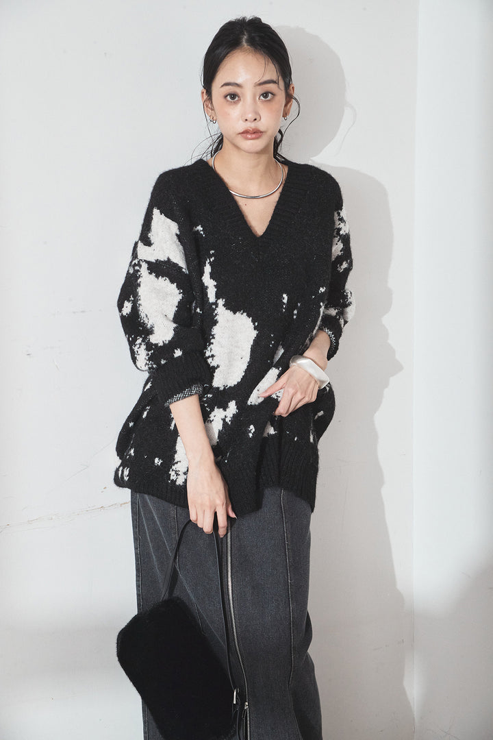 [SET]アブストラクト柄ニットプルオーバー+フロントジップデニムスカート(2set)