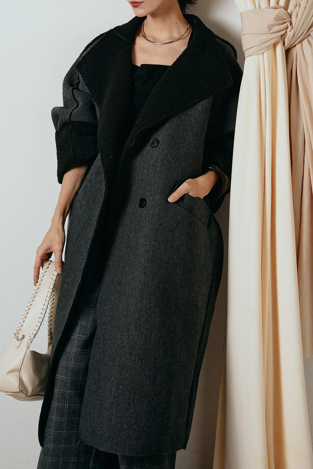 [SET]裏地ボアハイネックロングアウター+ウールライクチェックタックパンツ(2set)