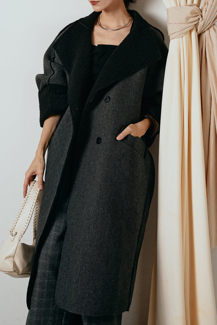 [SET]裏地ボアハイネックロングアウター+ウールライクチェックタックパンツ(2set)