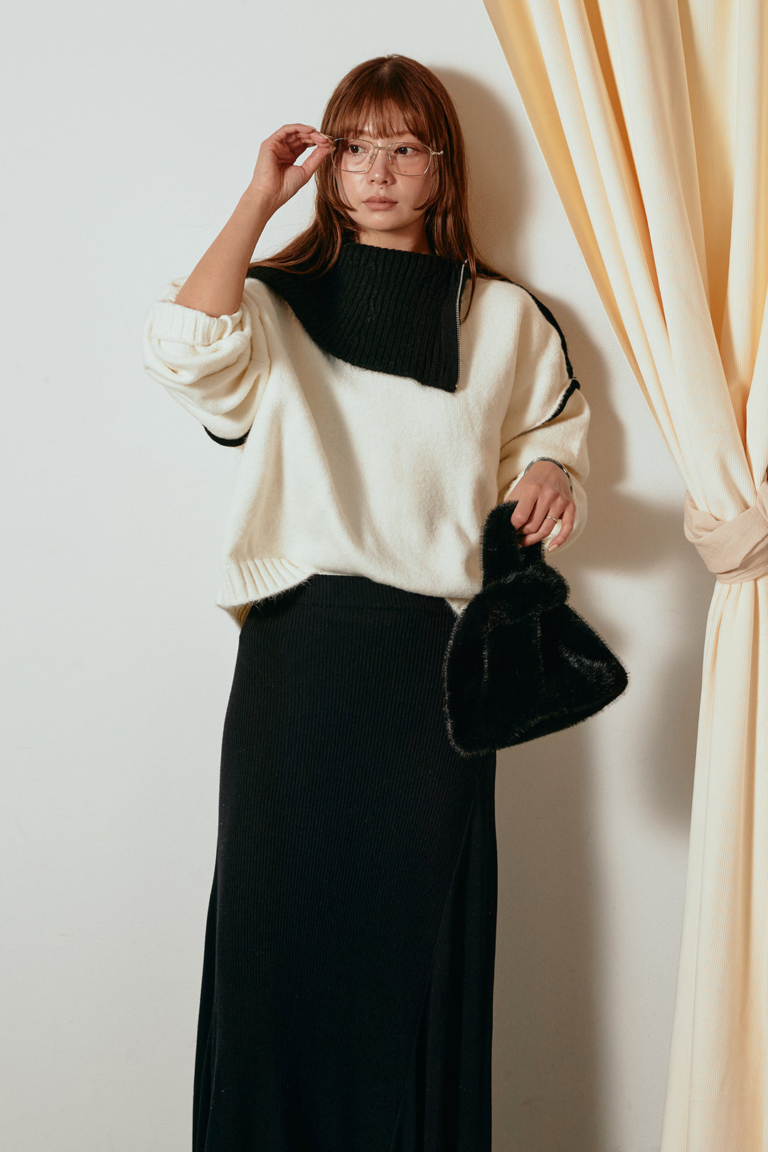 [SET]ハイネックジップデザインニットトップス+サイド切り替えリブニットロングスカート(2set)