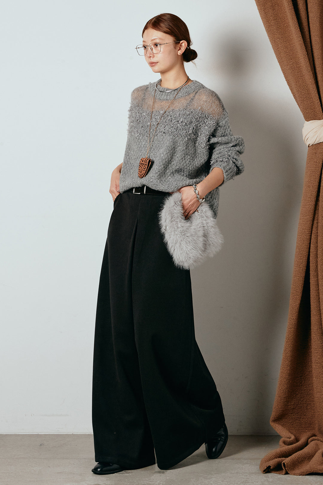 [SET]パターンランダム編みニットトップス+ベルト付きフロントタックデザインパンツ(2set)