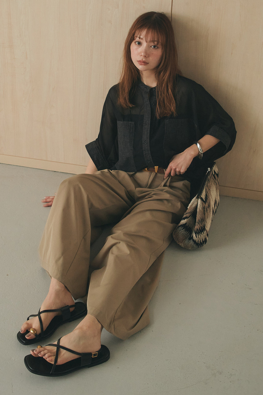 [SET]デニムライクビッグツーポケシアーシャツ+ベルトループデザインハイウエストタックパンツ(2set)