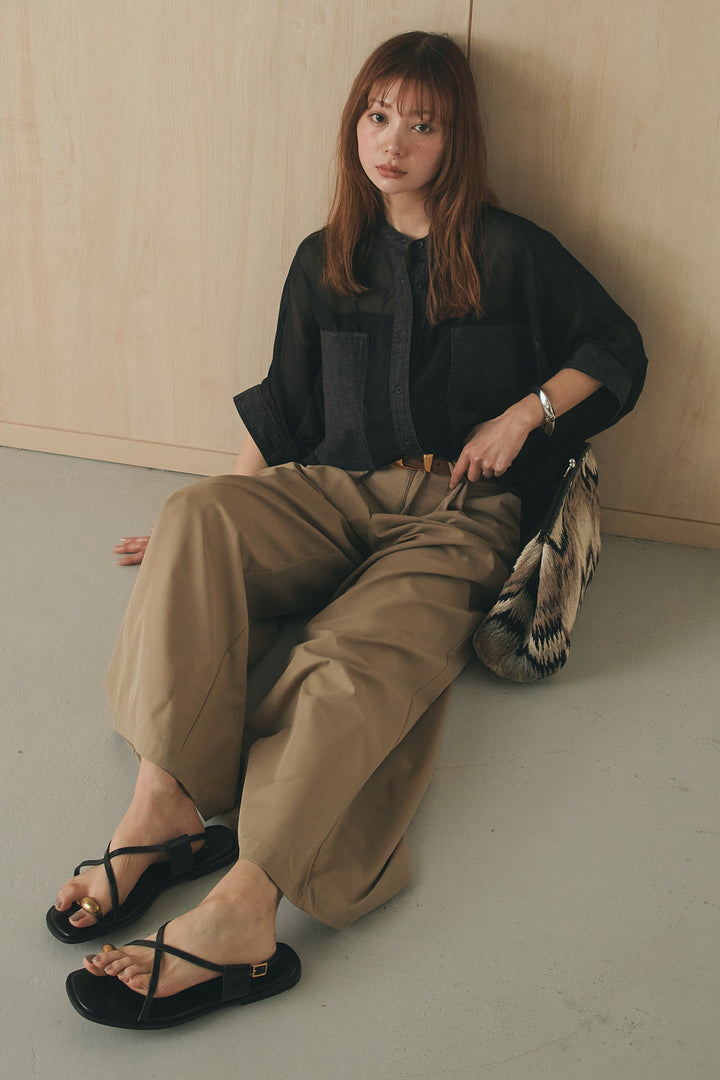 [SET]デニムライクビッグツーポケシアーシャツ+ベルトループデザインハイウエストタックパンツ(2set)