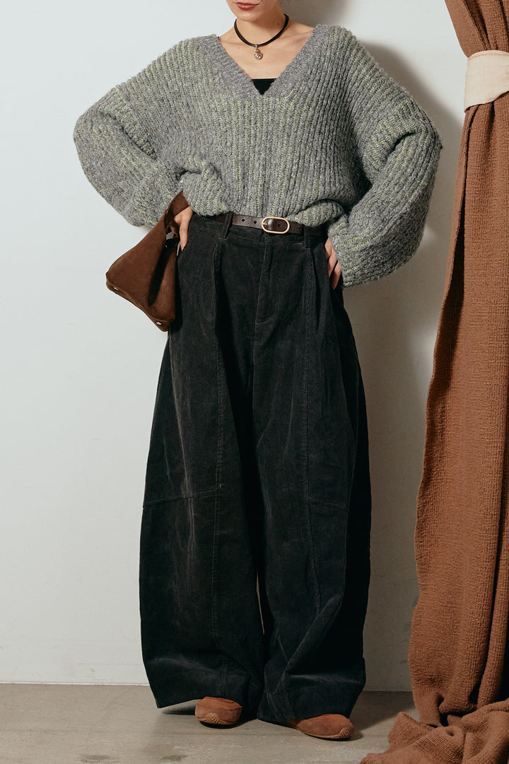 [SET]アルパカタッチ深Vニットトップス+タック入りコーデュロイワイドパンツ(2set)