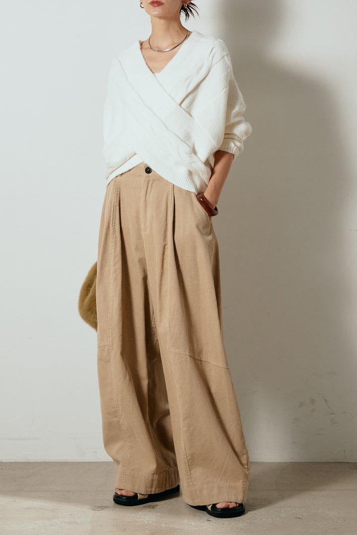 [SET]ケーブルカシュクールニットトップス+タック入りコーデュロイワイドパンツ(2set)