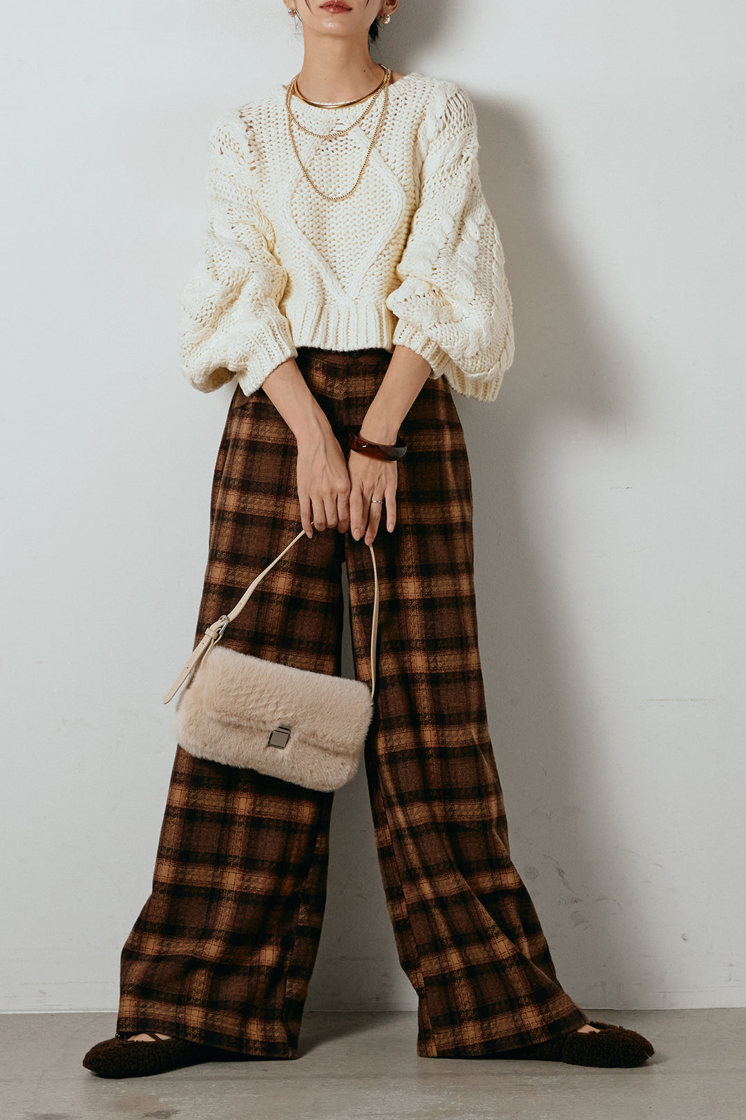 [SET]ロービングケーブルショート丈プルオーバー+ルーズタータンチェックワイドパンツ(2set)