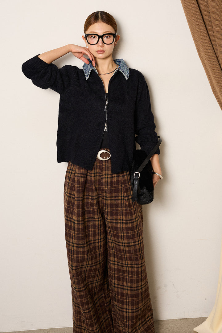 [SET]デニム襟ダブルジップニットトップス+スタッズデザインベルトタータンチェックパンツ(2set)