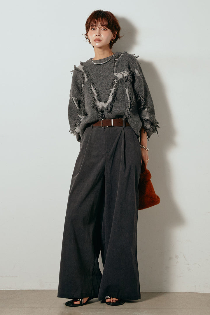 [SET]シャギージャガードニットトップス+太ベルト付きコーデュロイタックパンツ(2set)