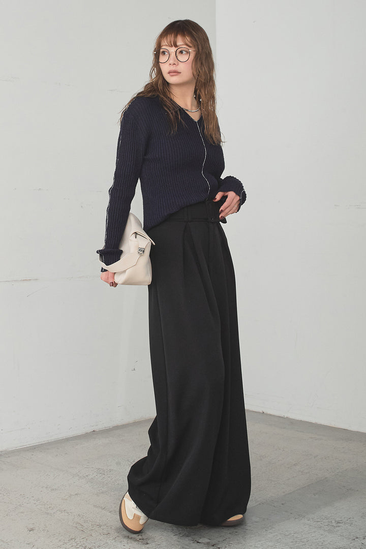 [SET]衿付きニットプルオーバー+ベルト付きツータックワイドパンツ(2set)