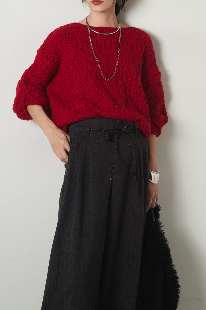 [SET]ボリューム編みニットプルオーバー+編みベルト付きピンストライプワイドパンツ(2set)