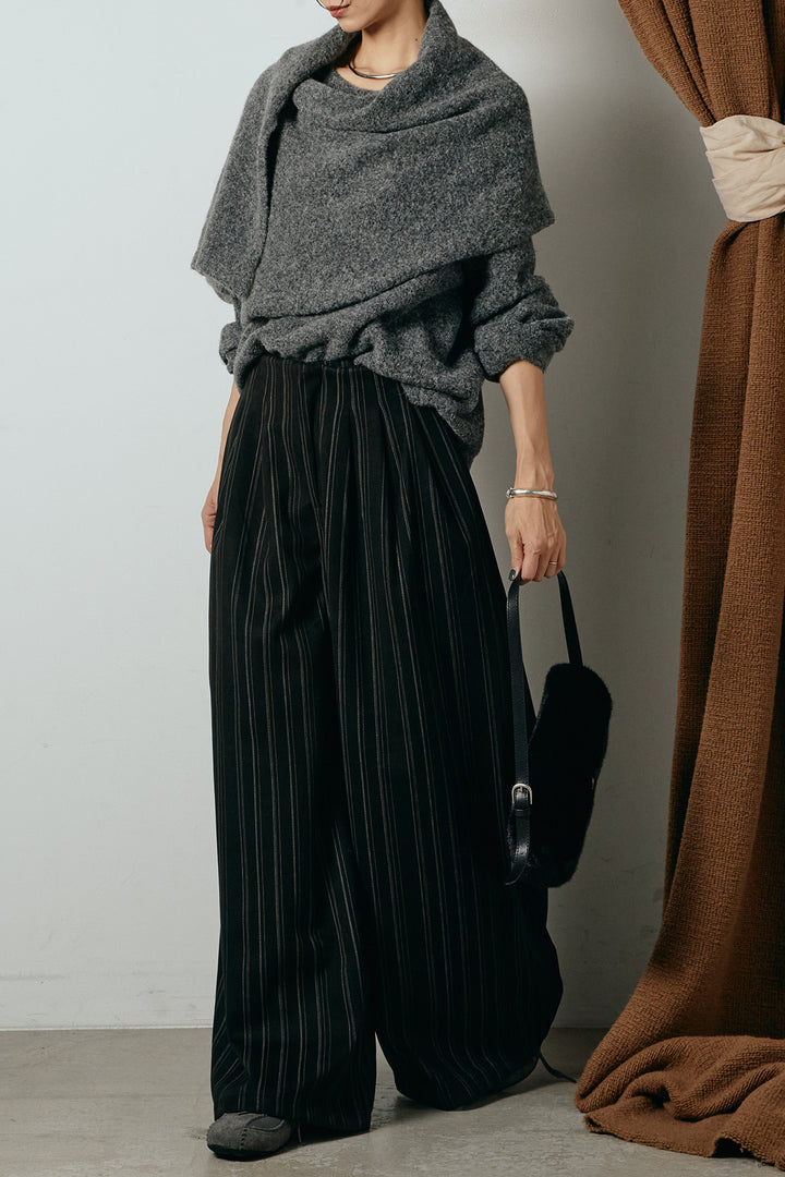 [SET]ネック巻きデザインニットトップス+タック入りマルチストライプ柄ワイドパンツ(2set)