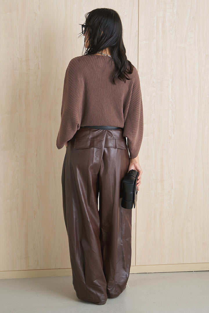 [SET]ドルマンスリーブクロップドリブニット+レザーライクタックワイドパンツ(2set)