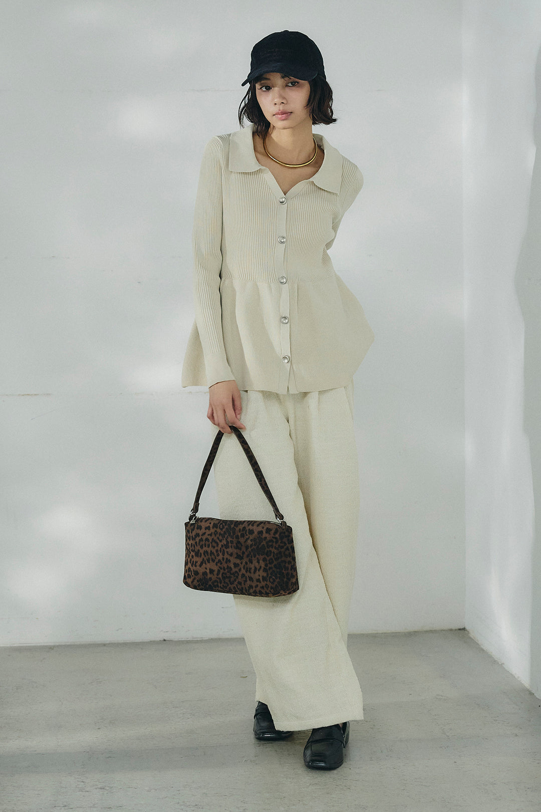 [SET]スキッパーペプラムニット+デニムライクヘリンボーンタックパンツ(2set)