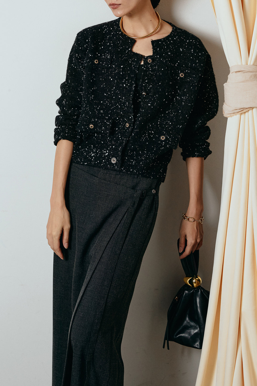 [SET]ネップニットカーディガン+ラップ巻きワイドスラックス(2set)