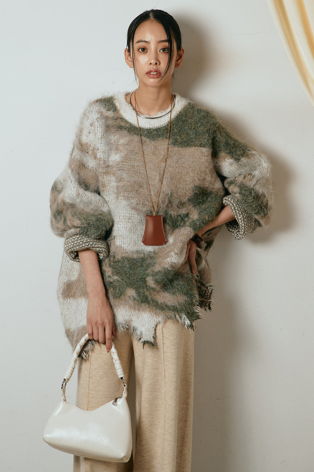 [SET]起毛裾デザインニュアンス柄ニットトップス+センターラインニットパンツ(2set)