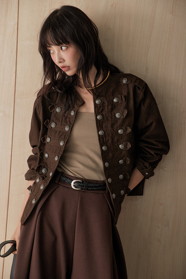 [SET]ナポレオンボタンデニムジャケット+ボンディングタックパンツ(2set)